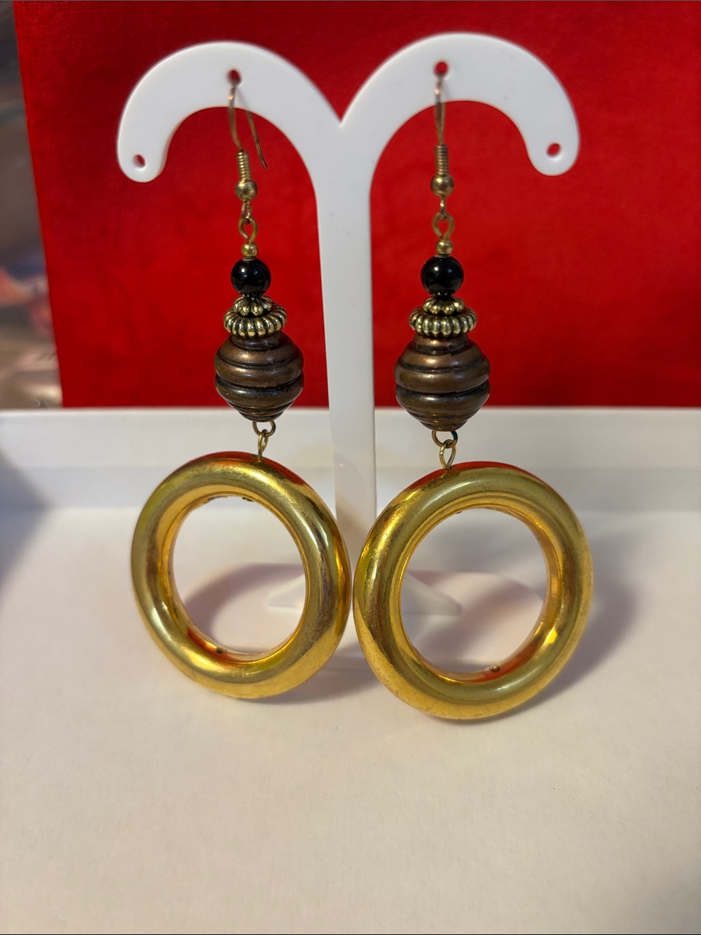 Gold Hoop Drop Earrings with Bead Accents - Women Jewelry, handmade